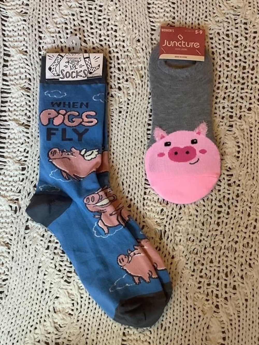 lot bundle deal of two pig socks, one size fits all cute funny graphic piggy pi